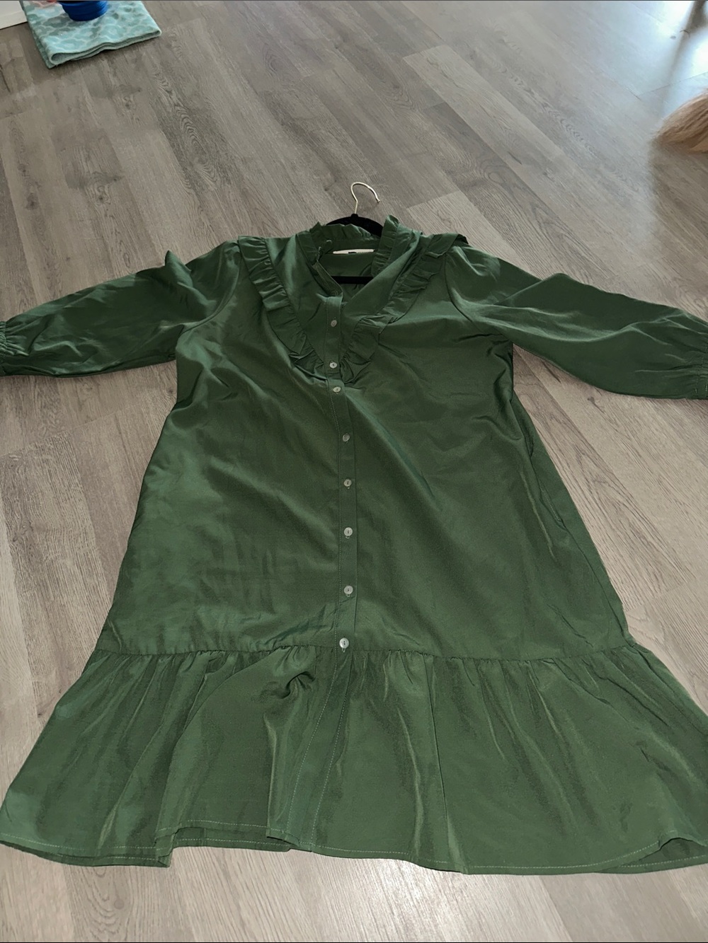 Ruffle-Trim Forest Green Long-Sleeve Button Dress